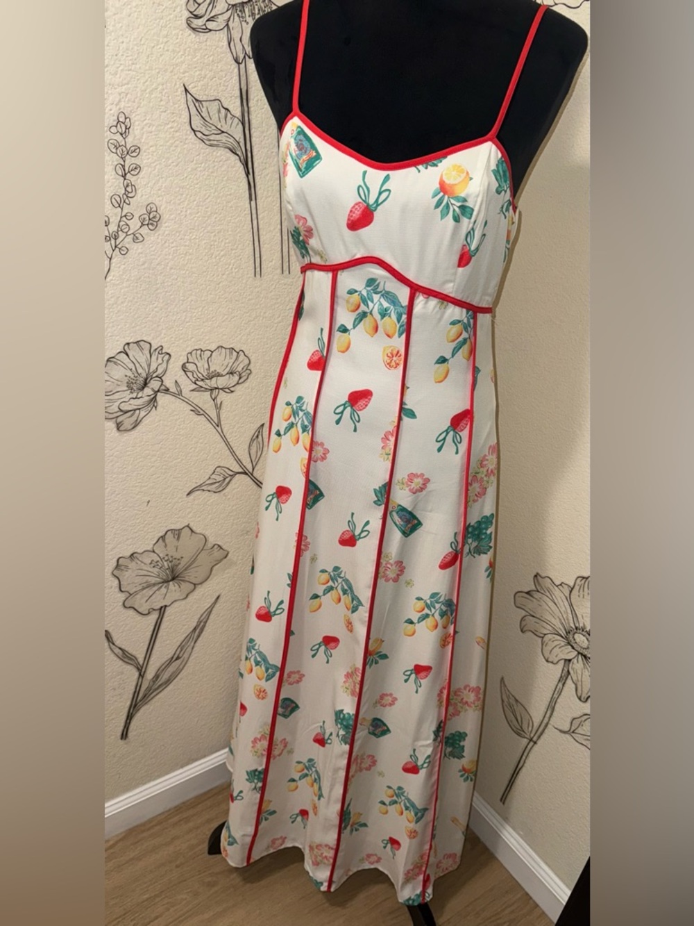 Main Strip White Maxi Dress with Red Piping and Fruit Print